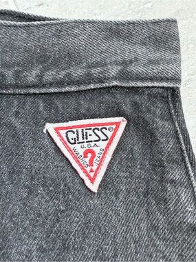 Vintage 1990s Guess Georges Marciano USA Black Denim Ruffle Hem Mini Skirt Sz 30
